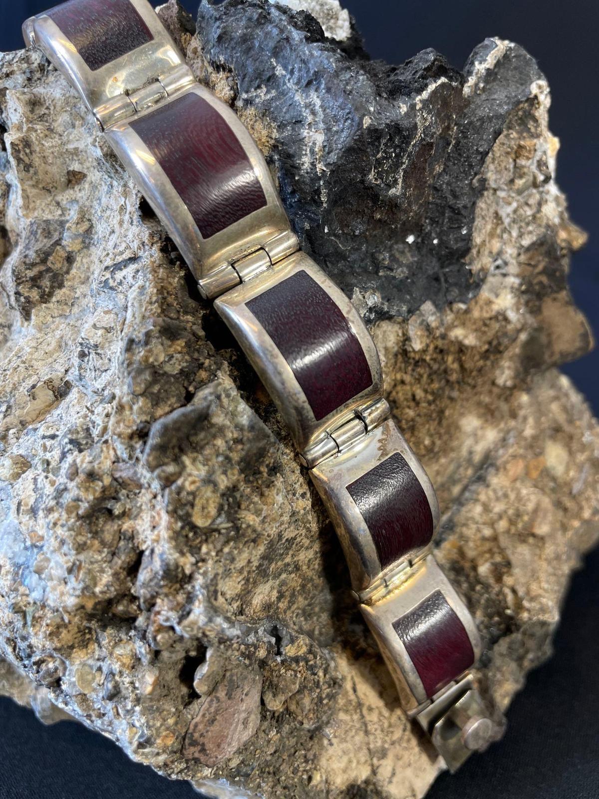 Sterling Silver Link Bracelet with Wood Inlay