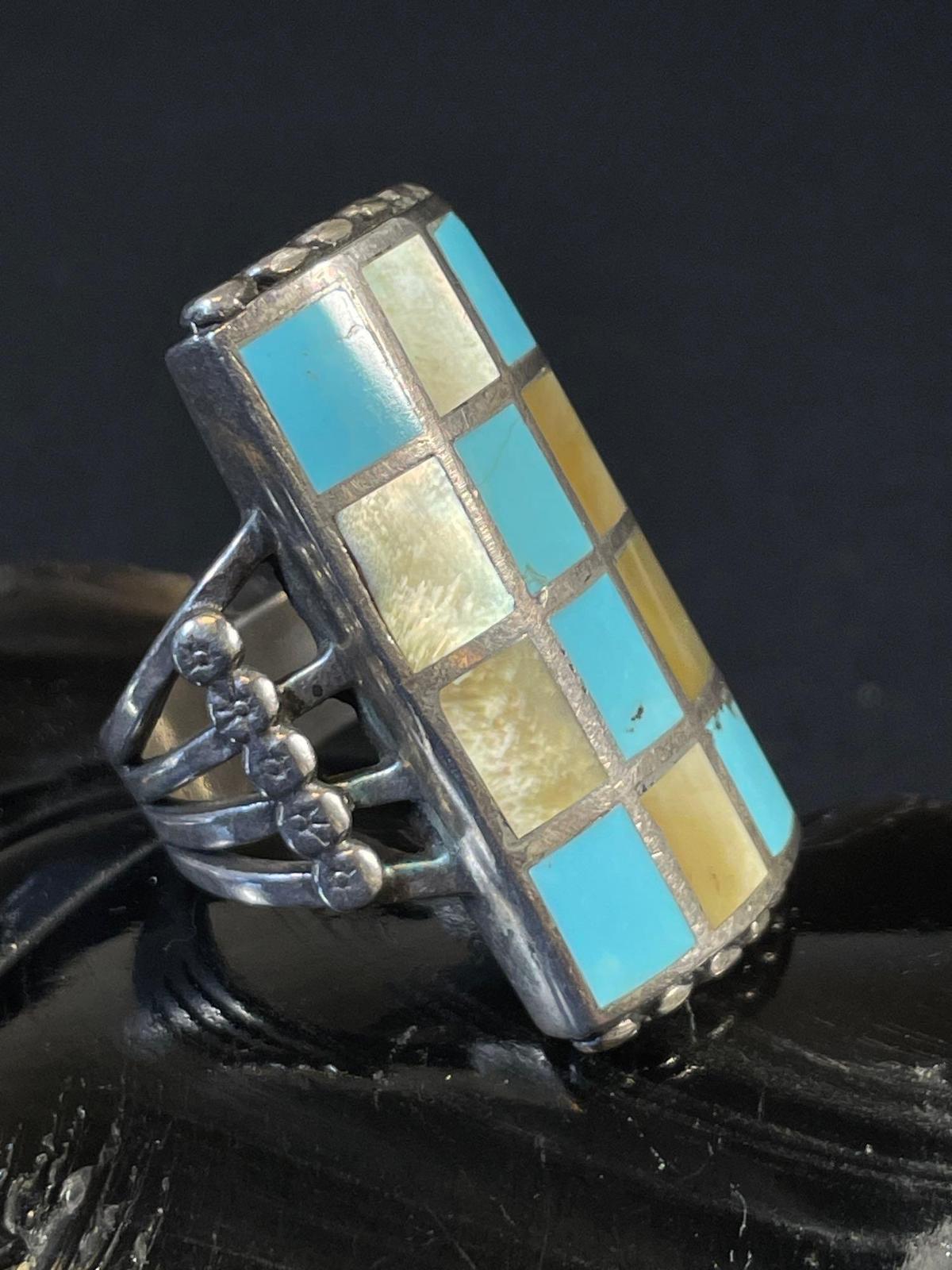 Sterling and Mother of Pearl and Turquoise Patch Ring