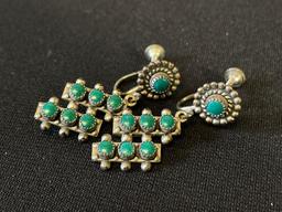 Antique Sterling Silver and Green Turquoise Clip Earrings