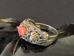 Sterling Silver Coral Ring With Black Hills Gold Hearts