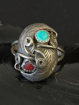 Vintage Sterling Silver Ring with Turquoise and Coral