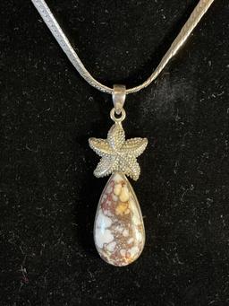 Sterling Herringbone Chain with stone Pendant