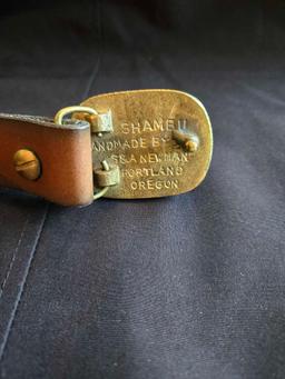 Leather belt and hand made Alaskan Shambbu of Portland Oregon brass buckle, size 34