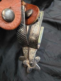 Lady's spurs, engraved decoration, leather straps