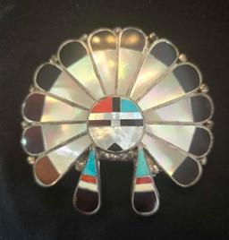 Sterling Silver and turquoise nlaid round Zuni made buckle