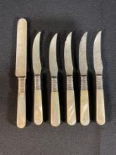 (5) Meriden Cutlery Co.1855 Sterling Banded Stainless Steel Blade Mother Of Pearl Handled Knifes