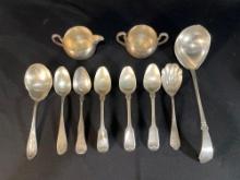 Assortment Of Silverplated Flatware, Creamer & Sugar