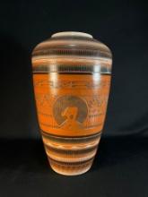 Navajo Etched Pottery Vase by Mitchell Blackhorse Dineh, featuring a variety of iconography