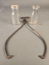 2 early Lewiston embossed Huggins Dairy bottles and a Huggins ice tongs