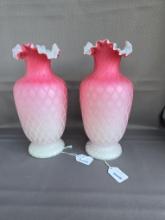 Pair matching pink quilted satin vases