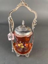 Cranberry pickle castor , pewter holder