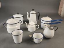 8 pieces white black rim graniteware