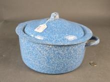 Large blue mottled granite cooking pot with lid