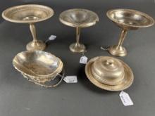 4 candy dishes, 1 butter dish, all sterling