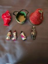 (3) glass Santa, glass clown, celluloid Santa, paper basket