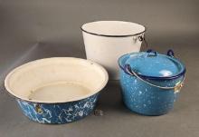 3 pcs granite, bucket, blue swirl pan, covered pot