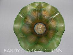 6" PEACOCK TAIL GREEN NAPPY WITH ARTHUR F. ODELL QUINCY JEWLER ON BASE