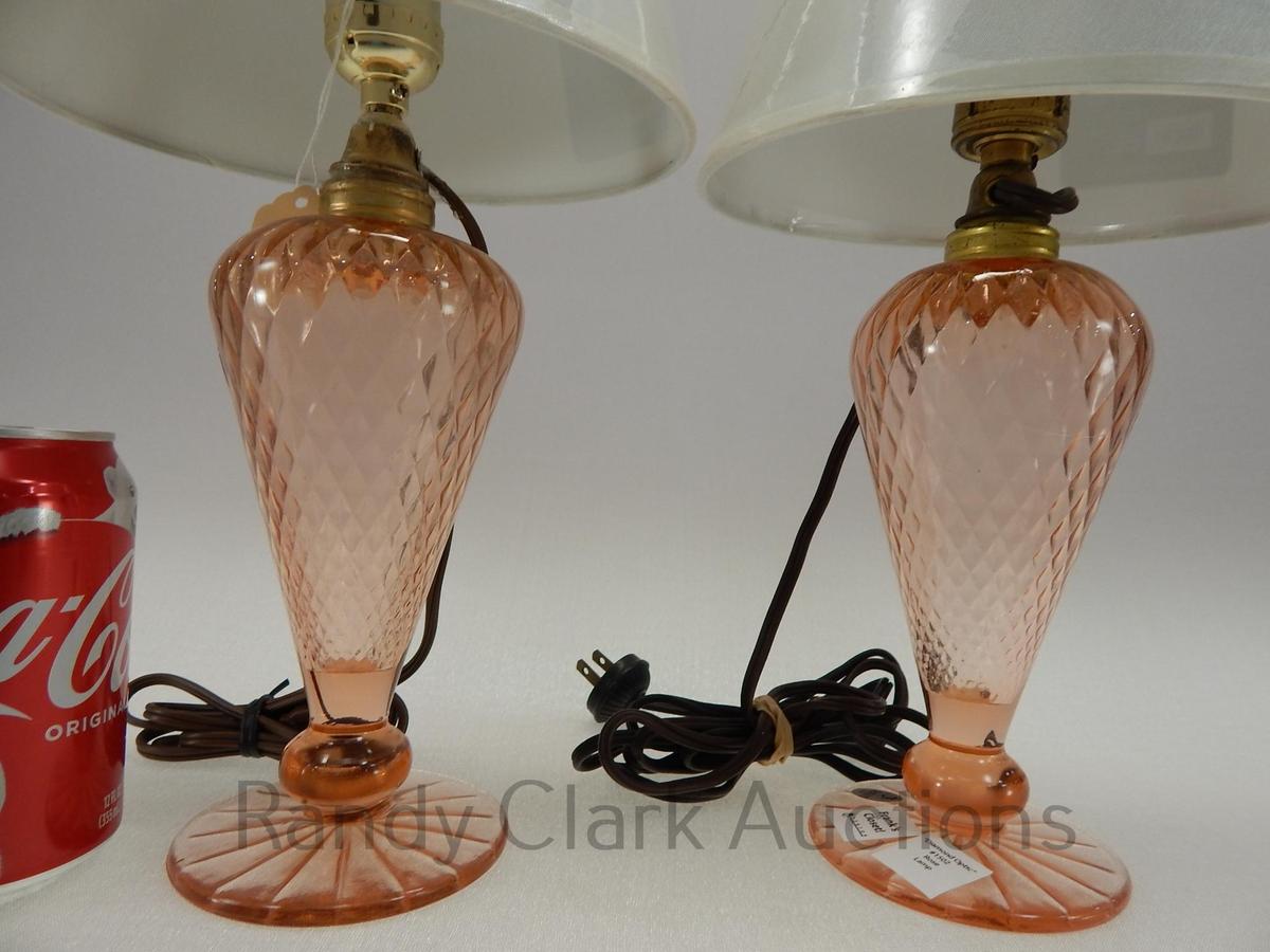 PAIR OF 7" TO TOP OF BASE ROSE DIAMOND OPTIC TABLE LAMPS (ONE GLUED) FRANK'S CLOSET CA 1930