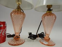 PAIR OF 7" TO TOP OF BASE ROSE DIAMOND OPTIC TABLE LAMPS (ONE GLUED) FRANK'S CLOSET CA 1930