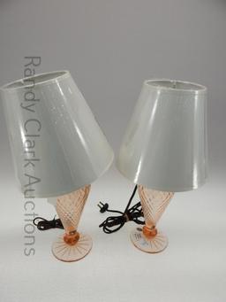 PAIR OF 7" TO TOP OF BASE ROSE DIAMOND OPTIC TABLE LAMPS (ONE GLUED) FRANK'S CLOSET CA 1930