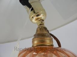 PAIR OF 7" TO TOP OF BASE ROSE DIAMOND OPTIC TABLE LAMPS (ONE GLUED) FRANK'S CLOSET CA 1930