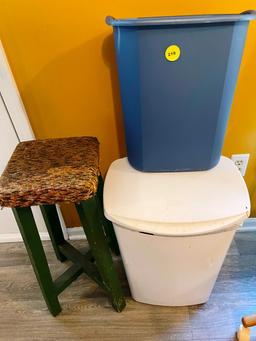 Wooden Stool and Wastebaskets
