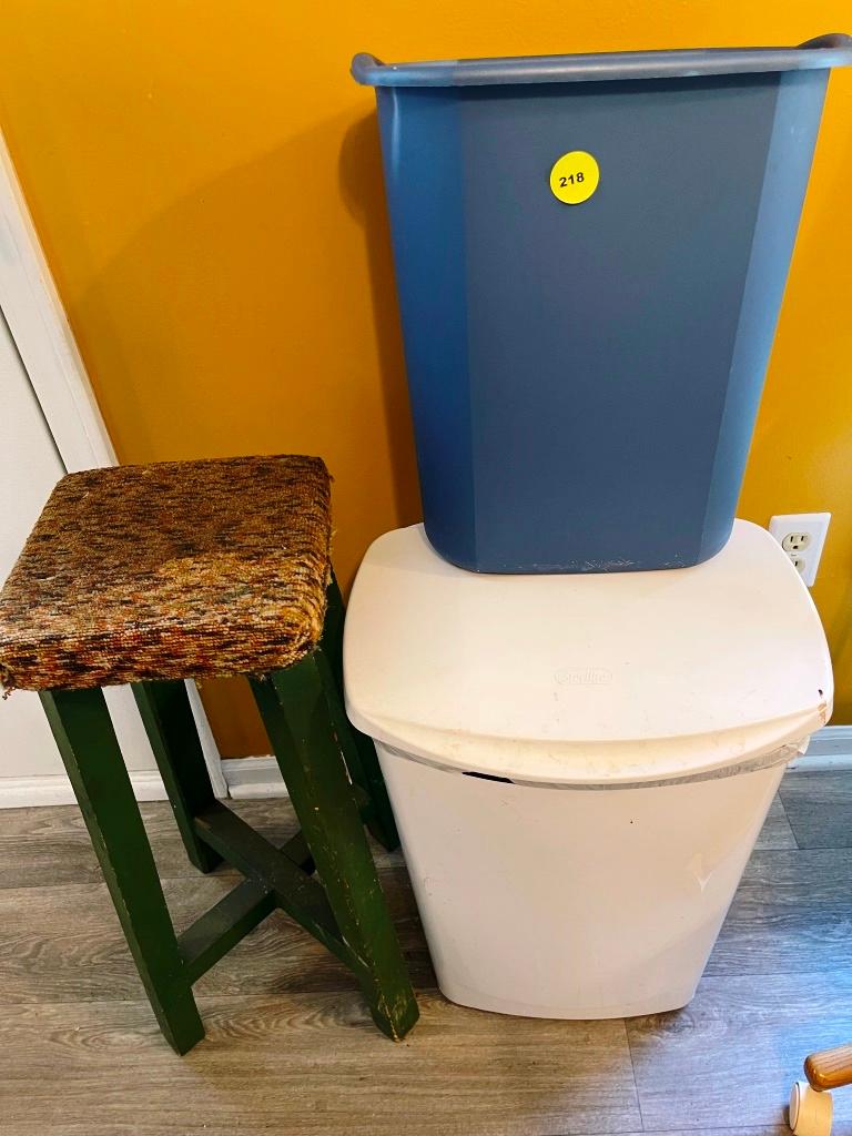 Wooden Stool and Wastebaskets