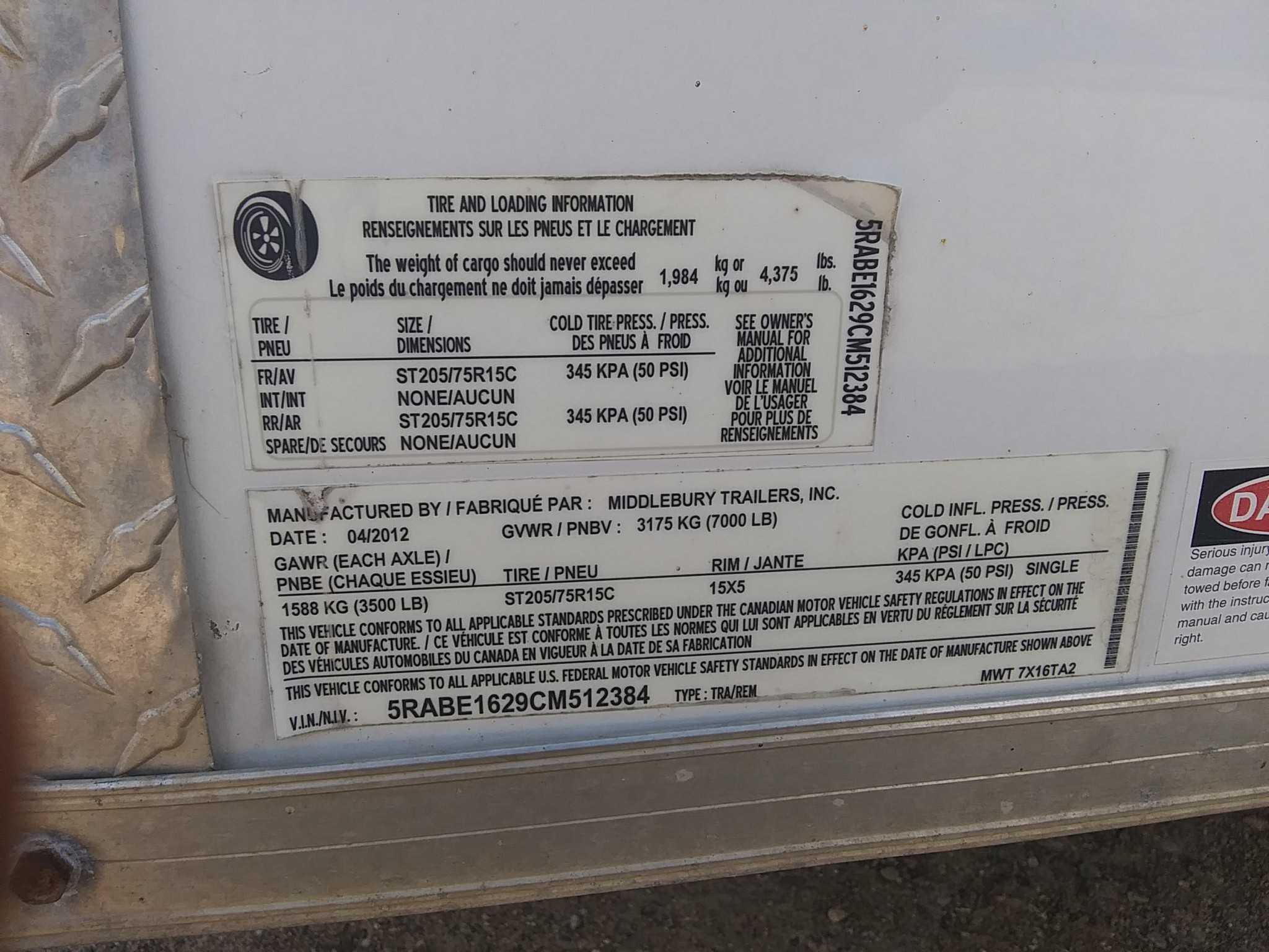 2012 Middlebury 16' Enclosed Trailer