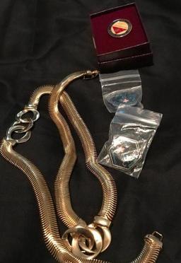 Lot of 3 tack pins and a Gold Serpentine Belt