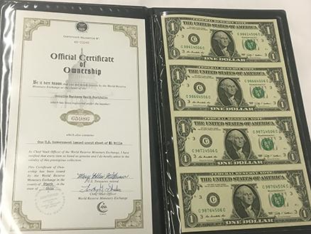 Book of 4 uncut $1 Federal Reserve Note