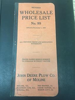 1932 Revised John Deere Plow Co of Moline No 99 Wholesale Price List, Overall Good Condition