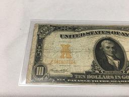 1907 Hillegas $10 Gold Certificate, Folds, Circulated