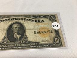 1907 Hillegas $10 Gold Certificate, Folds, Circulated