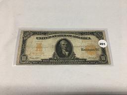 1907 Hillegas $10 Gold Certificate, Folds, Circulated