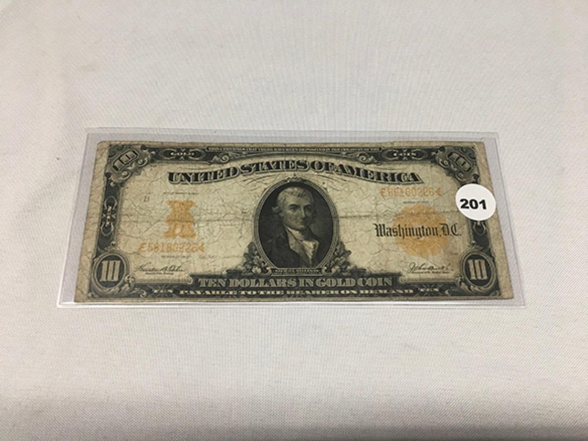 1907 Hillegas $10 Gold Certificate, Folds, Circulated