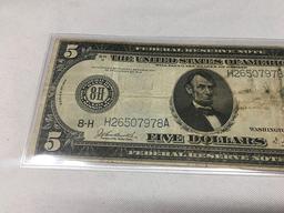 1914 $5 Federal Reserve Note, (Folds, Stains)