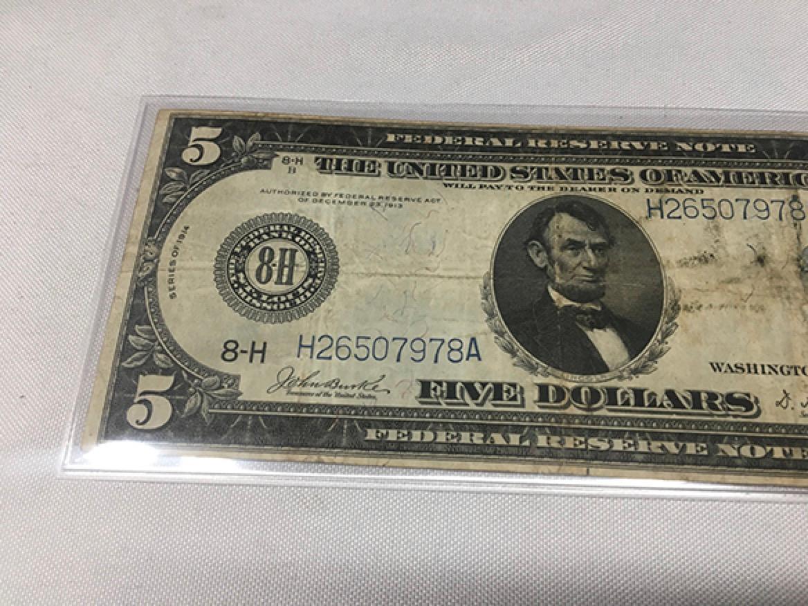 1914 $5 Federal Reserve Note, (Folds, Stains)