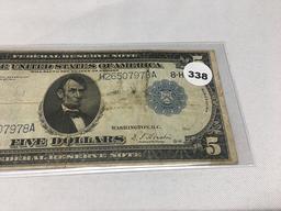 1914 $5 Federal Reserve Note, (Folds, Stains)