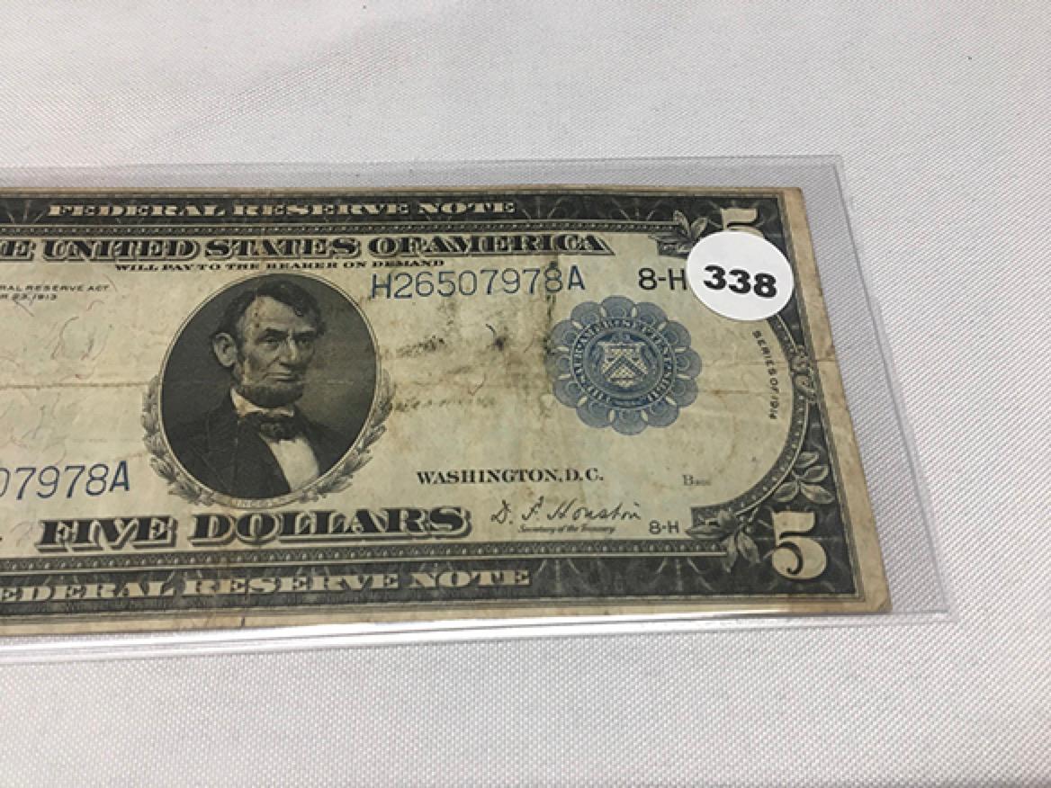 1914 $5 Federal Reserve Note, (Folds, Stains)