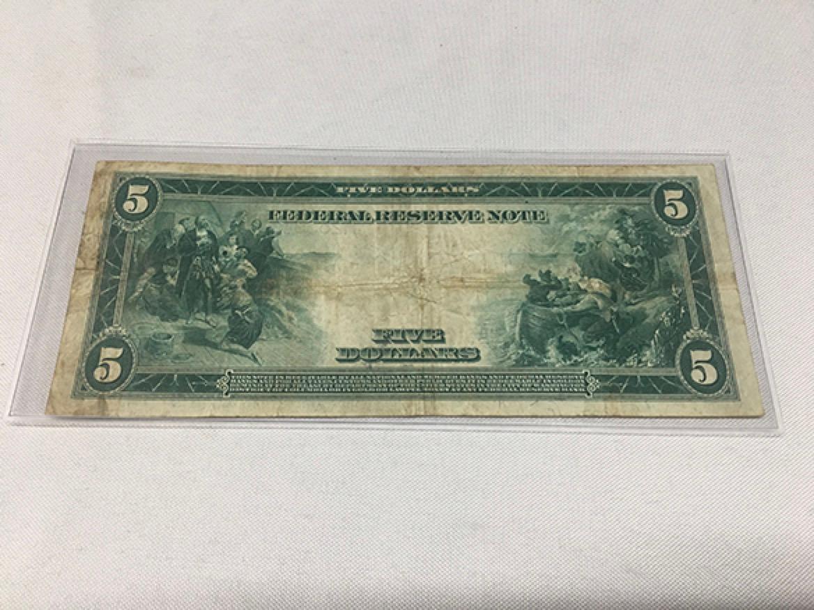 1914 $5 Federal Reserve Note, (Folds, Stains)