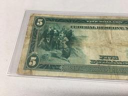 1914 $5 Federal Reserve Note, (Folds, Stains)