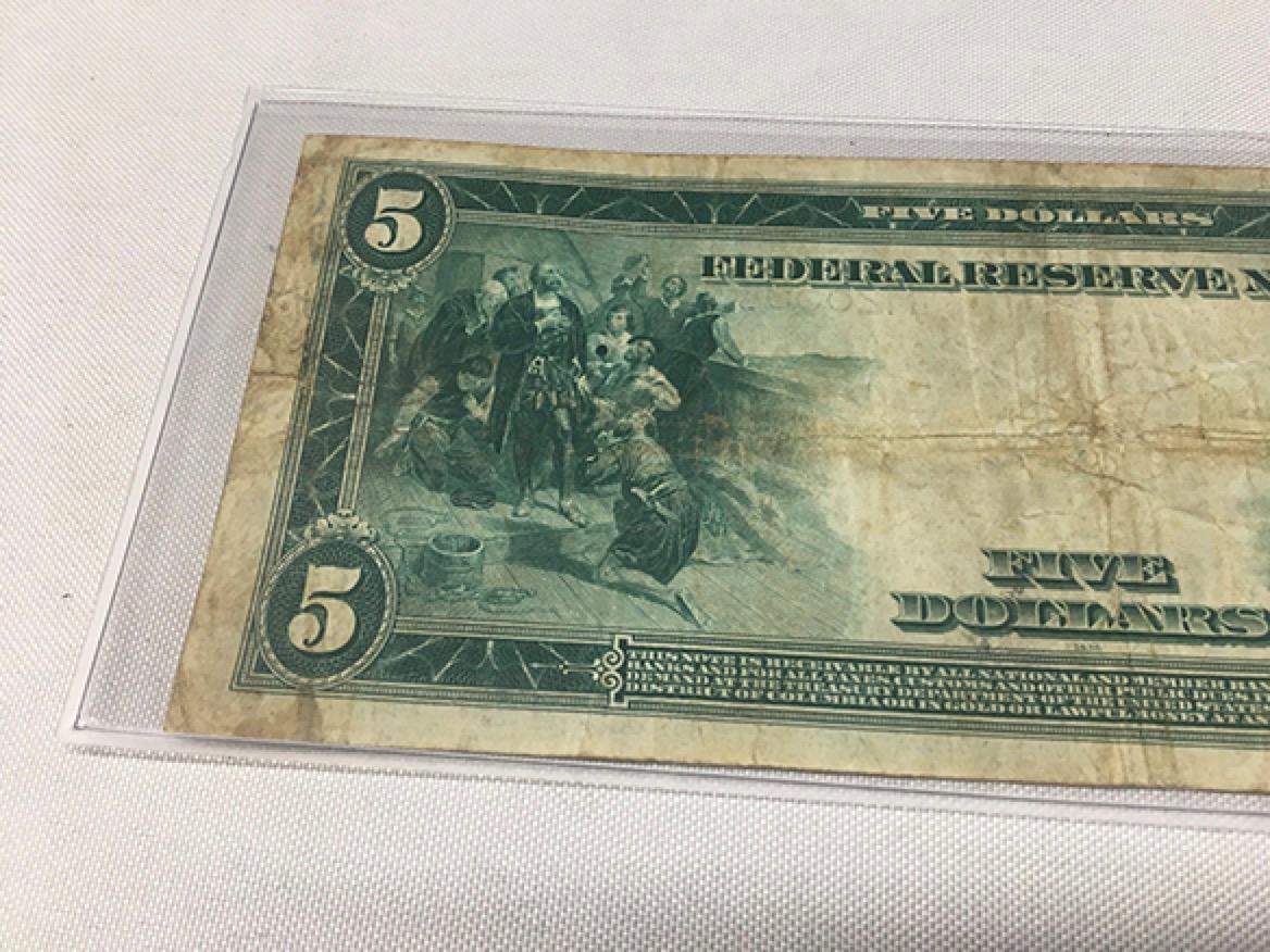 1914 $5 Federal Reserve Note, (Folds, Stains)