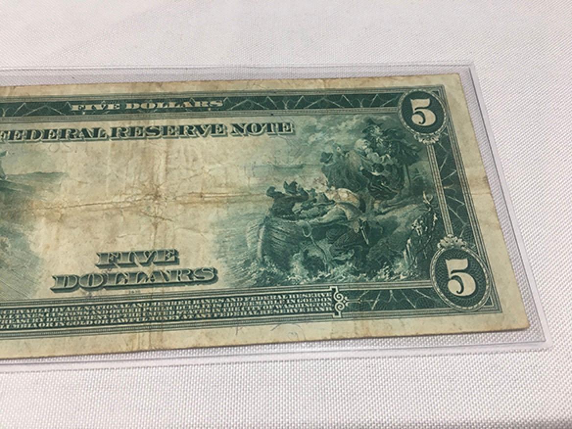 1914 $5 Federal Reserve Note, (Folds, Stains)