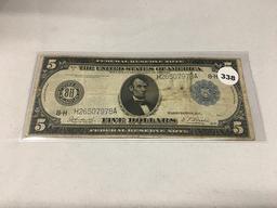 1914 $5 Federal Reserve Note, (Folds, Stains)