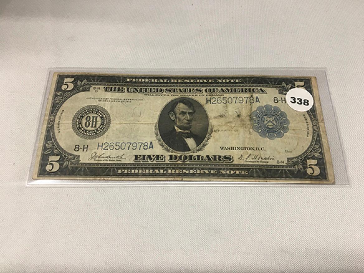 1914 $5 Federal Reserve Note, (Folds, Stains)
