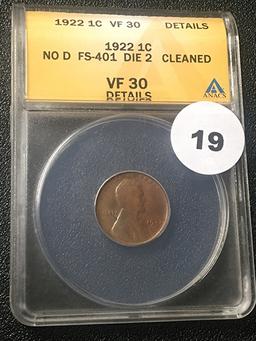 1922 Lincoln Cent No. D, Graded ANACS