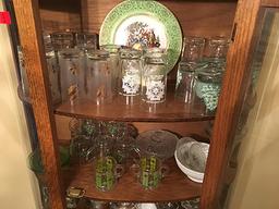 Nice Modern Style Oak Curio Cabinet & Various Glassware