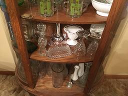 Nice Modern Style Oak Curio Cabinet & Various Glassware