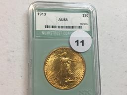 1913 $20 Gold Double Eagle, NTC AU58