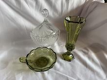 2 pc. Fostoria Green Coin Glass & Covered Fostoria Lead Crystal Dish